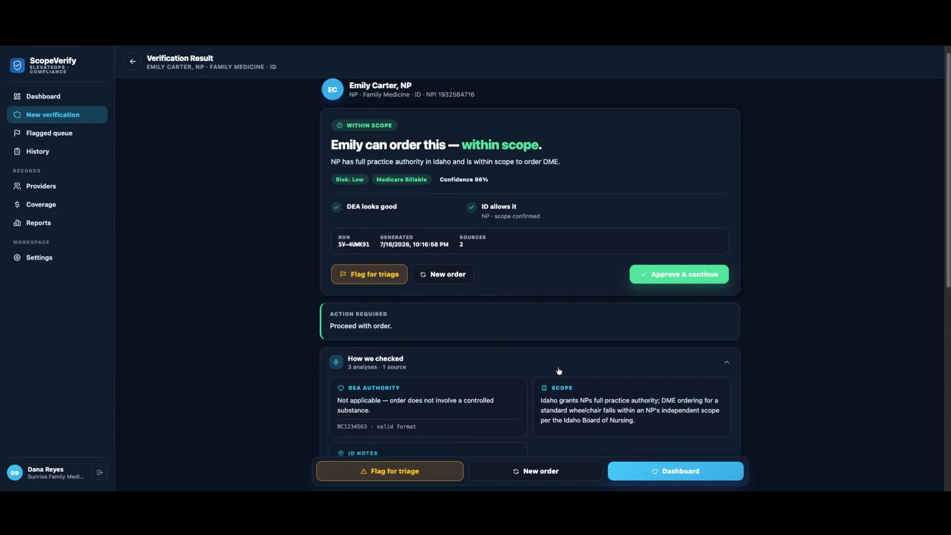 ScopeVerify — verification result showing an order within scope