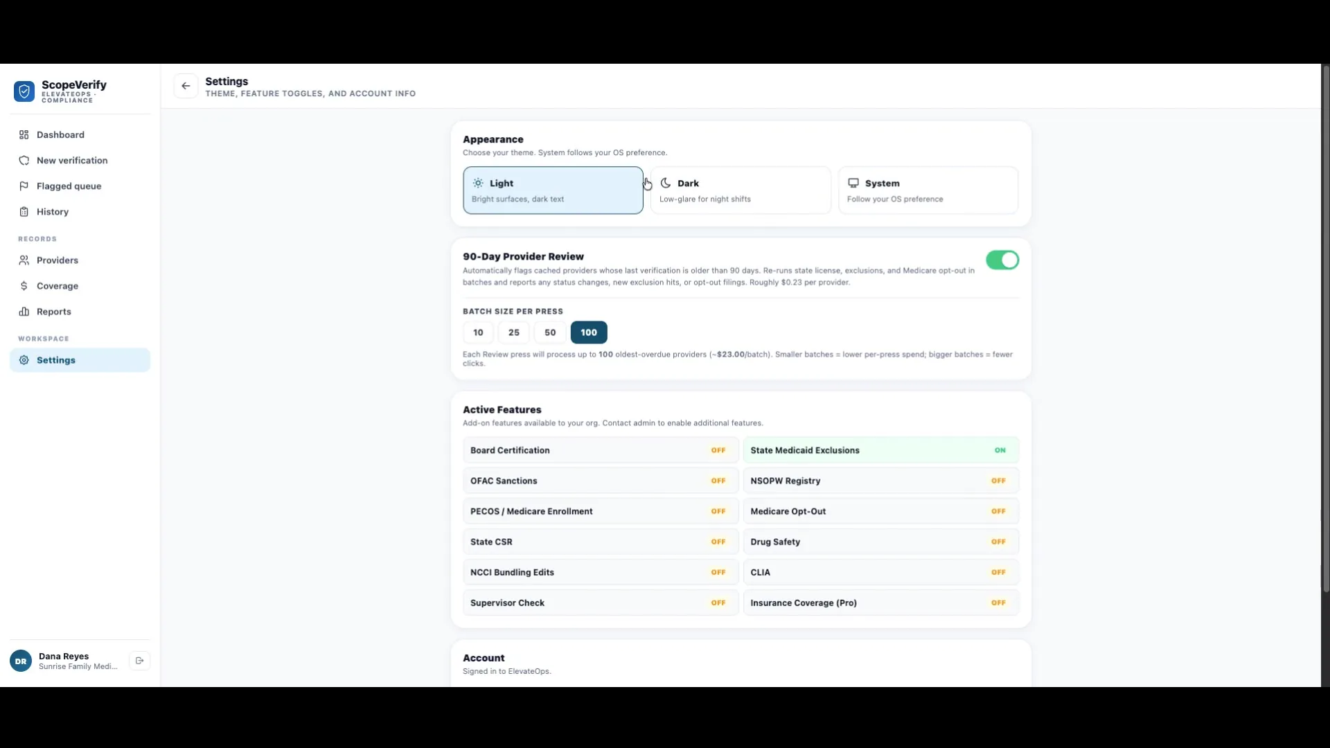 ScopeVerify in light mode — appearance settings