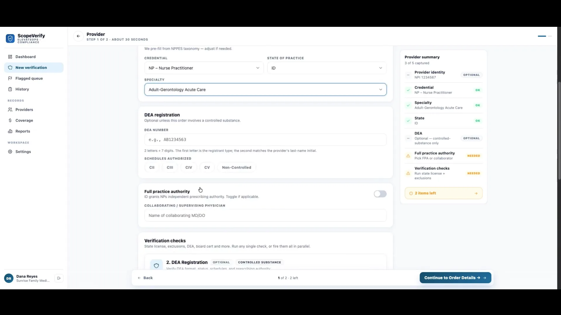 ScopeVerify in light mode — provider verification with credential, specialty, and state checks passed