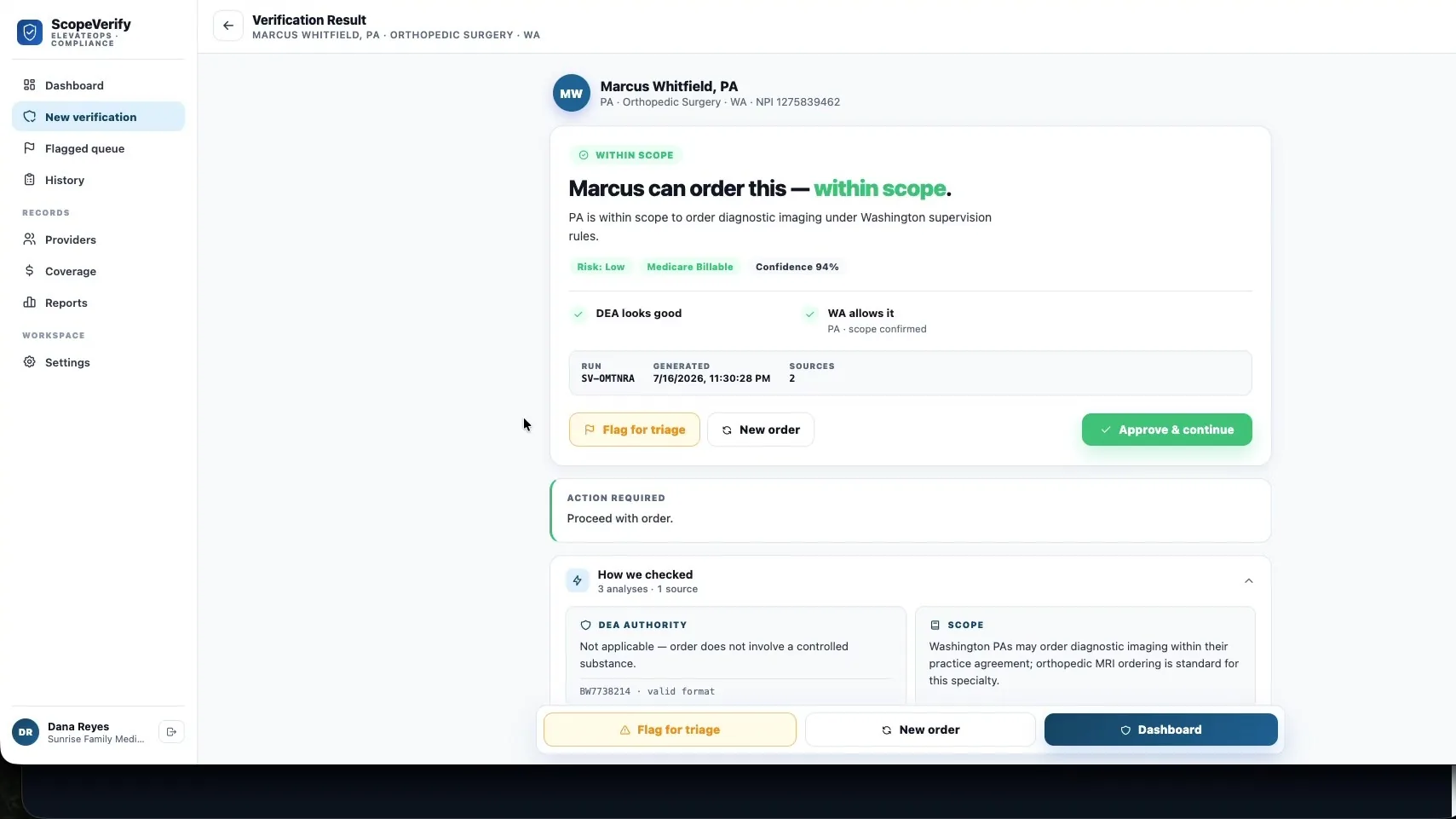 ScopeVerify in light mode — verification result showing an order within scope